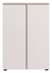 Moderner Schuhschrank mit zwei Türen in Frontansicht, schlichtes Design in Weiß mit Holzoberfläche.