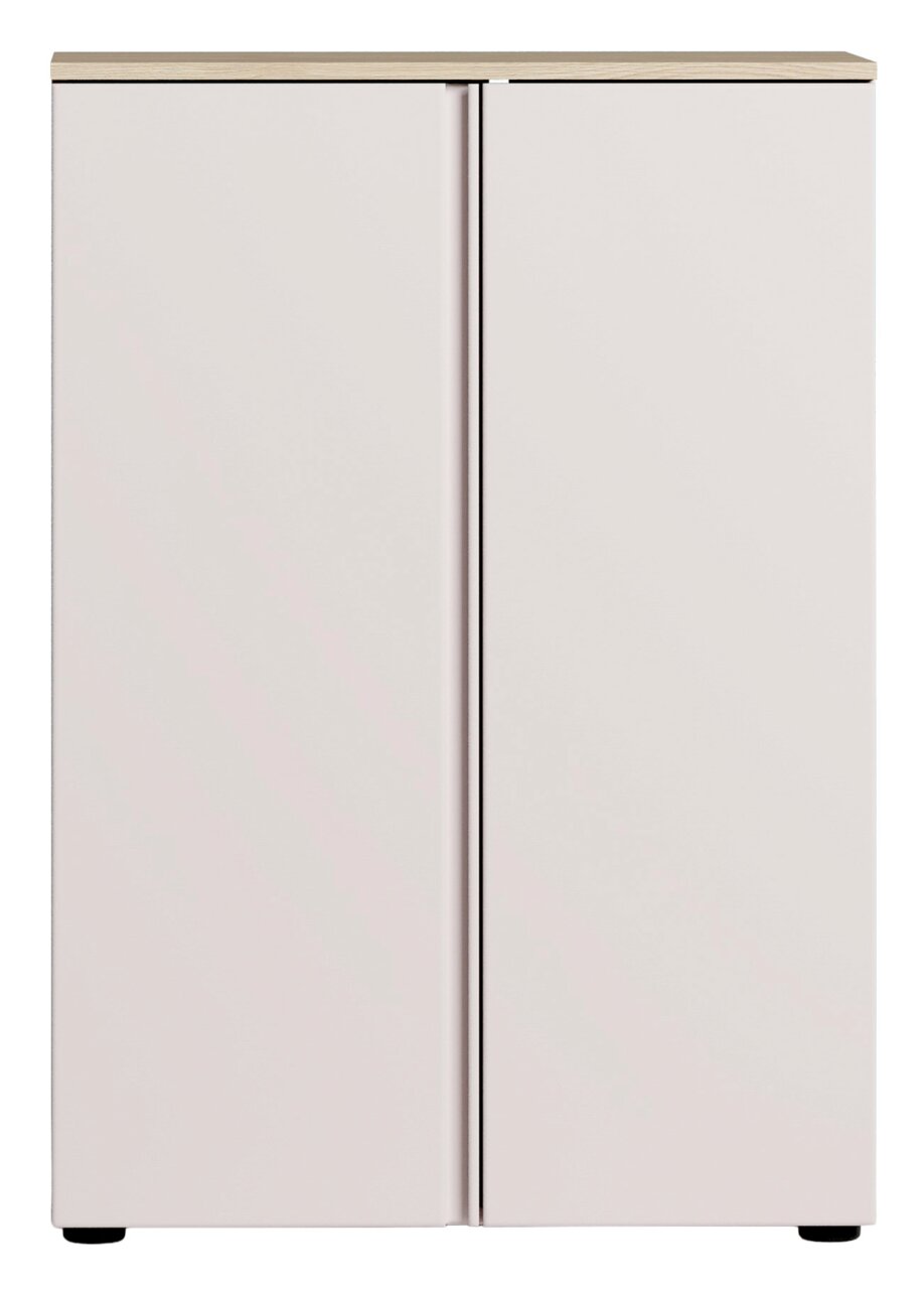 Moderner Schuhschrank mit zwei Türen in Frontansicht, schlichtes Design in Weiß mit Holzoberfläche.