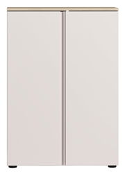 Moderner Schuhschrank mit zwei Türen in Frontansicht, schlichtes Design in Weiß mit Holzoberfläche.