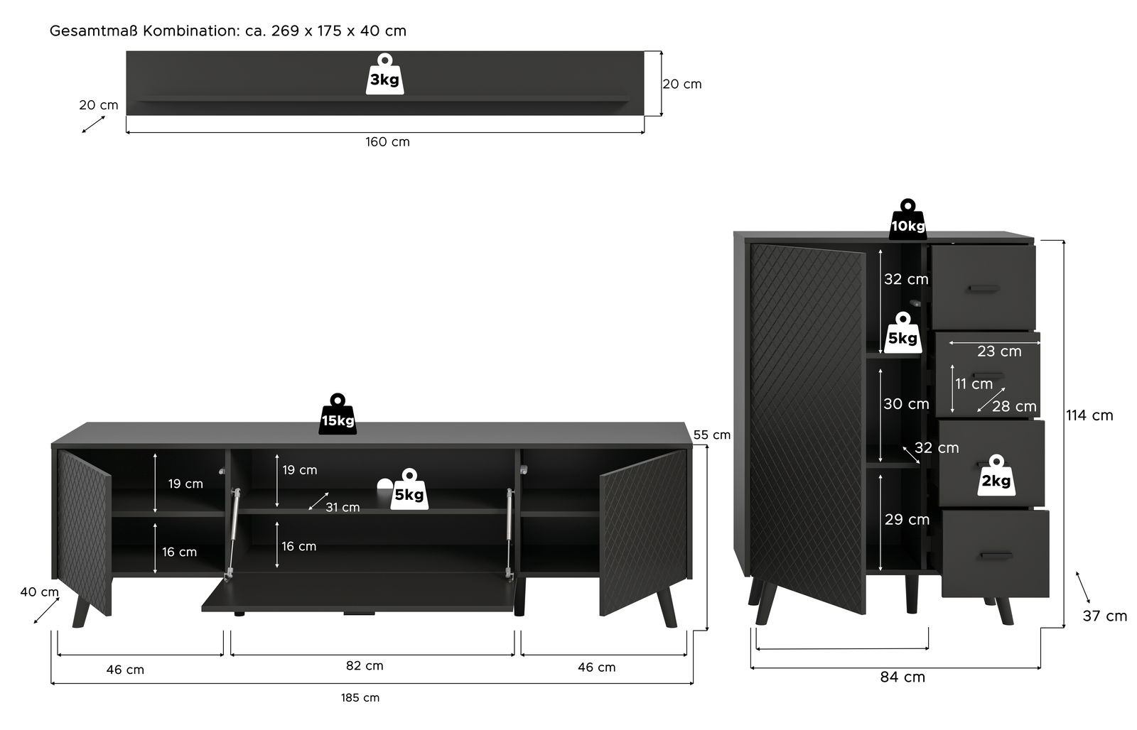 Wohnkombination in dunklem Design mit mehreren Schränken und Regalen, Gesamtmaße ca. 269 x 175 x 40 cm, seitliche Perspektive