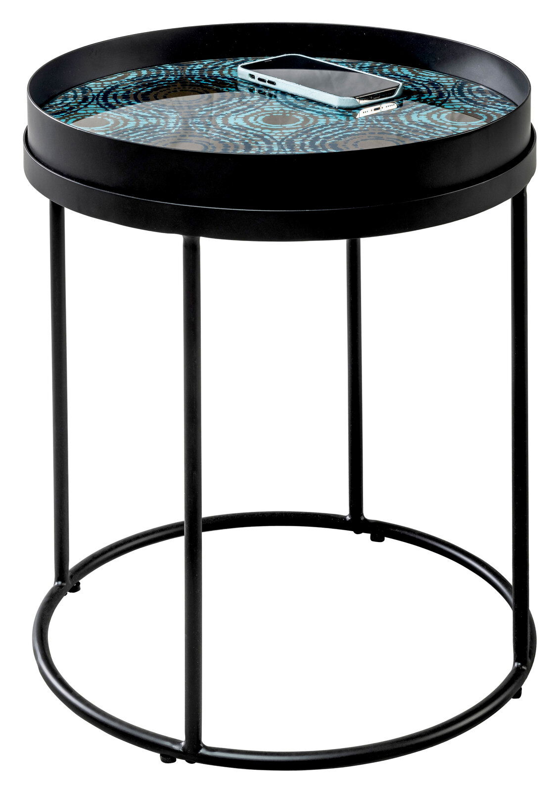 Runder Couchtisch mit schwarzem Metallrahmen und dekorativer Tischplatte, seitliche Perspektive