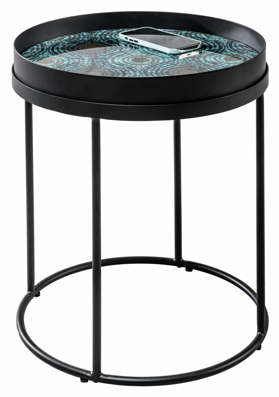 Z2 Couchtisch CARL Runder Couchtisch mit schwarzem Metallrahmen und dekorativer Tischplatte, seitliche Perspektive