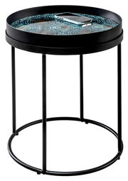 Runder Couchtisch mit schwarzem Metallrahmen und dekorativer Tischplatte, seitliche Perspektive