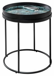 Ronde salontafel met zwart metalen frame en decoratief tafelblad, zijaanzicht