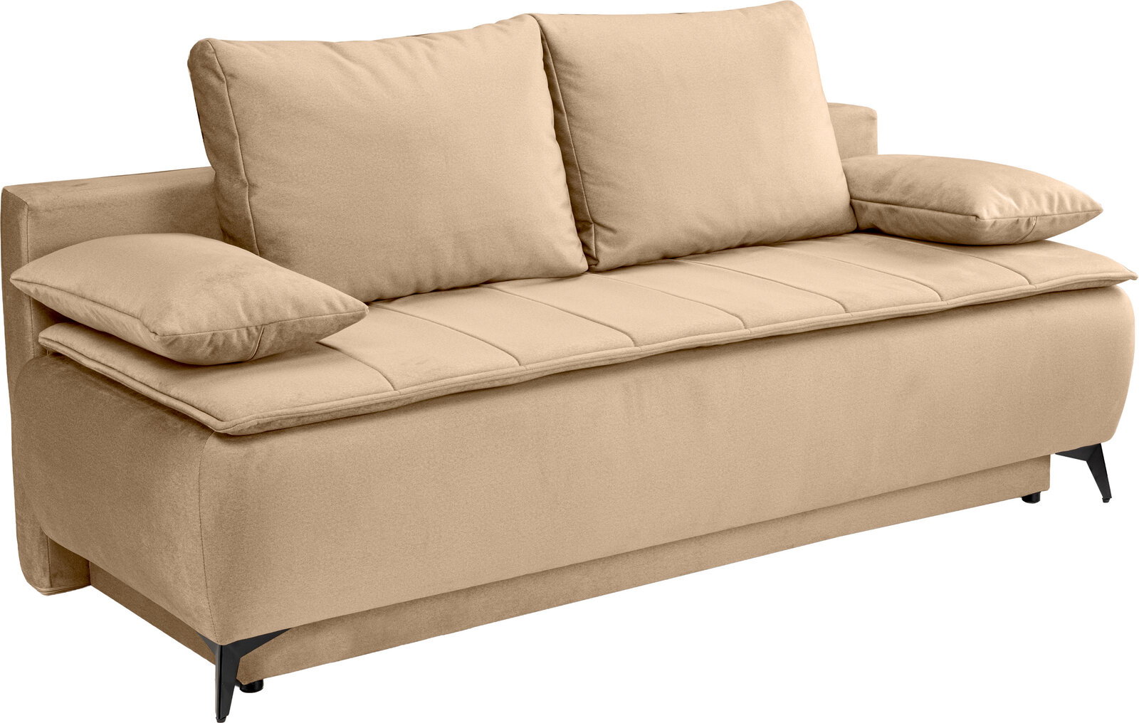 MID.YOU Schlafsofa SENDI Beiges 2-Sitzer-Sofa mit gepolsterter Sitzfläche, zwei großen Rückenkissen und zwei Armlehnenkissen auf schwarzen Füßen, freigestellt auf weißem Hintergrund, Ansicht schräg von vorne links.