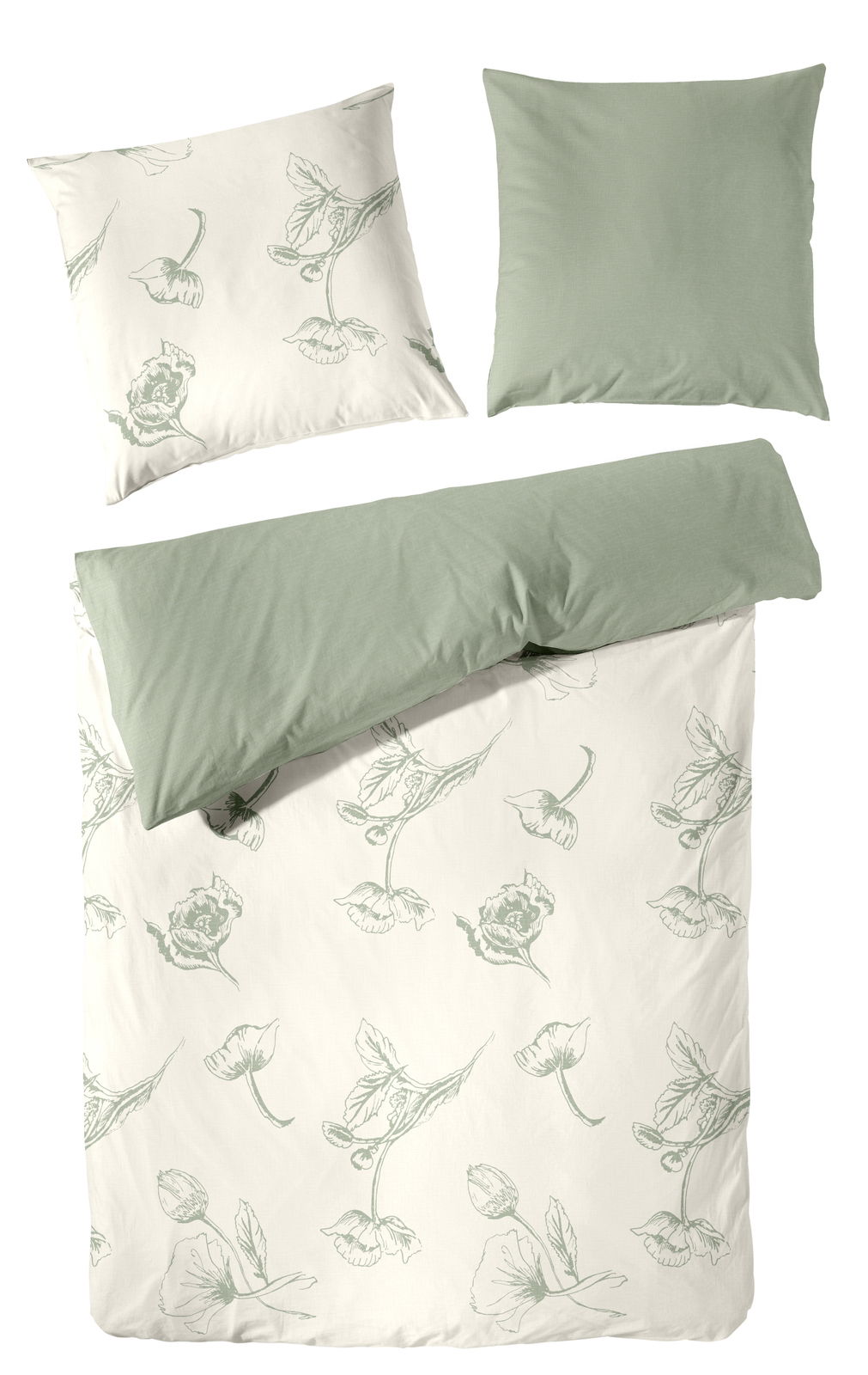 Bettwäsche-Set mit floralem Muster in Grün und Weiß, bestehend aus einem Kissenbezug und einem Bettdeckenbezug, aus der Vogelperspektive fotografiert.