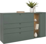 Grünes Sideboard/Kommode mit vier Schubladen, rechts offenes Regal mit Glasböden und Tür, dekoriert mit Pflanze und Deko, Ansicht schräg von vorn rechts.