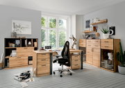 Moderner Vitrinenschrank aus Holz mit Glasfronten, links im Bild, in einem stilvoll eingerichteten Büro mit Schreibtisch und Regalen.