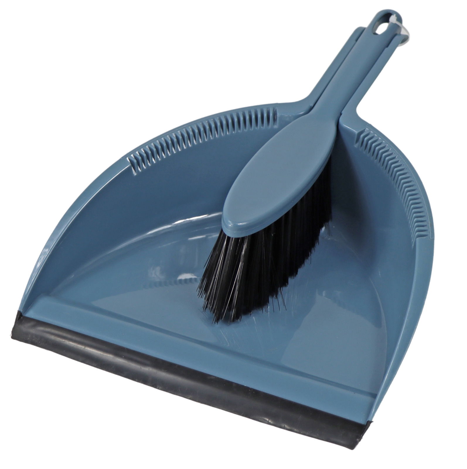 Homeware Kehrgarnitur Kehrgarnitur bestehend aus einer blauen Kehrschaufel und einem Handfeger mit schwarzen Borsten, von oben fotografiert.