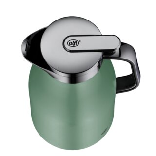 Grüne Isolierkanne Skyline aus der Vogelperspektive mit glänzendem Edelstahl-Deckel und schwarzem Griff.