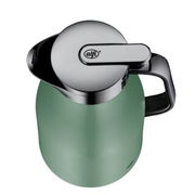 Grüne Isolierkanne Skyline aus der Vogelperspektive mit glänzendem Edelstahl-Deckel und schwarzem Griff.