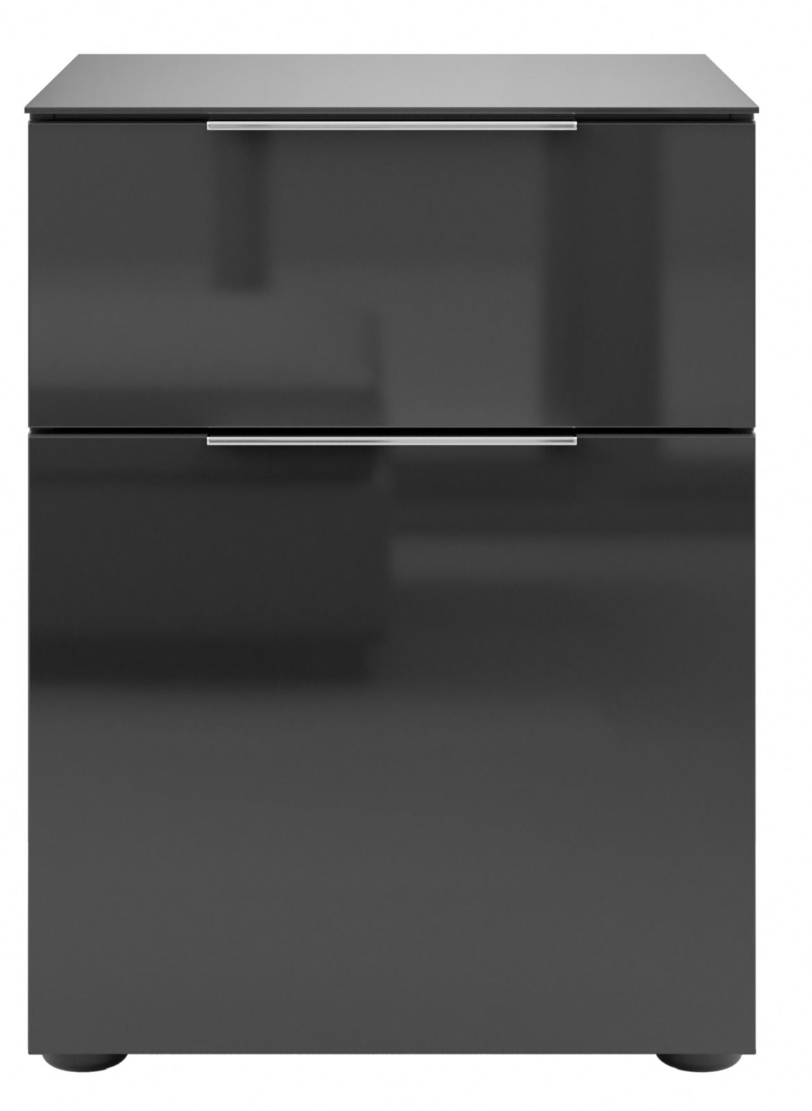 Moderne Nachtkommode in Hochglanz-Schwarz mit zwei Schubladen, Frontansicht
