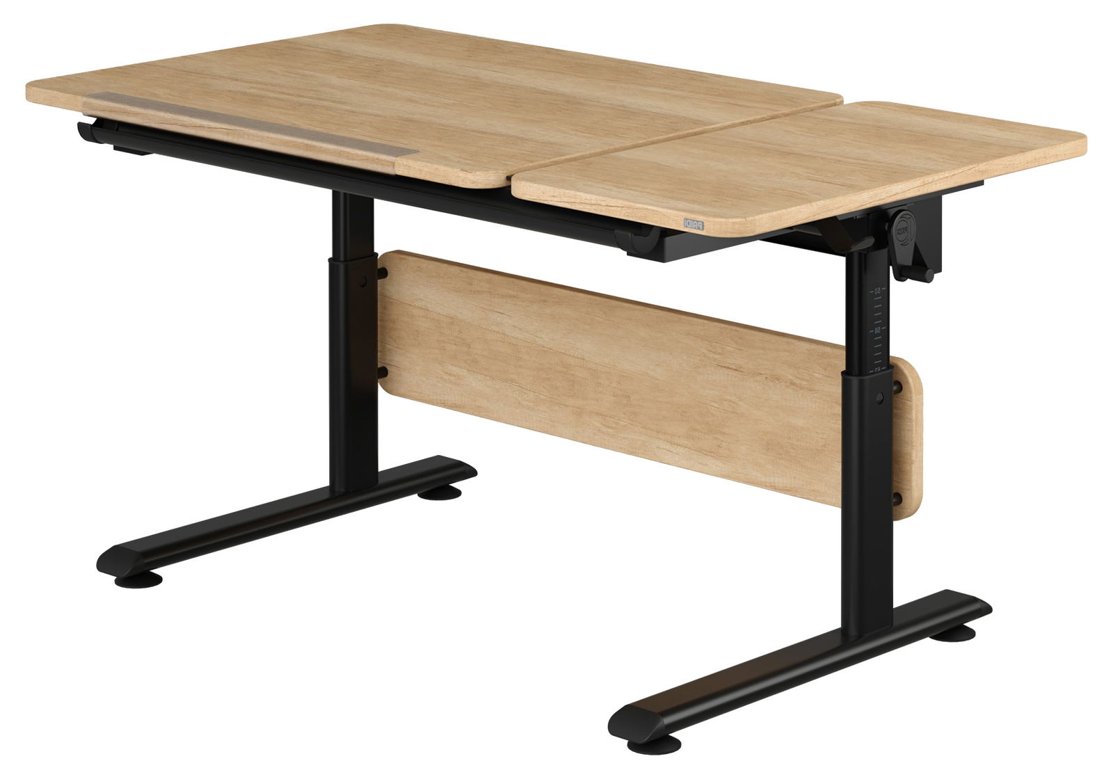 Moderner Schreibtisch aus Holz mit schwarzem Metallgestell, seitliche Perspektive