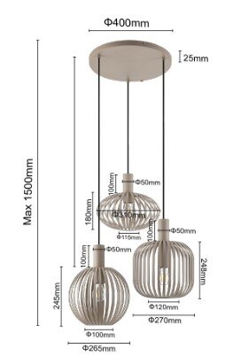 Moderne Hängeleuchte mit drei unterschiedlich großen, kugelförmigen Lampenschirmen aus Metall, von der Decke hängend. Ansicht von der Seite.