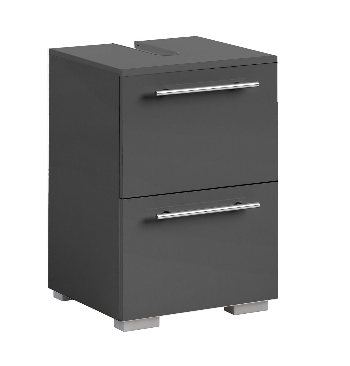 Moderner, grauer Waschbeckenunterschrank mit zwei Schubladen und silbernen Griffen, seitliche Perspektive