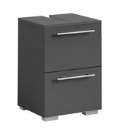 Moderner, grauer Waschbeckenunterschrank mit zwei Schubladen und silbernen Griffen, seitliche Perspektive