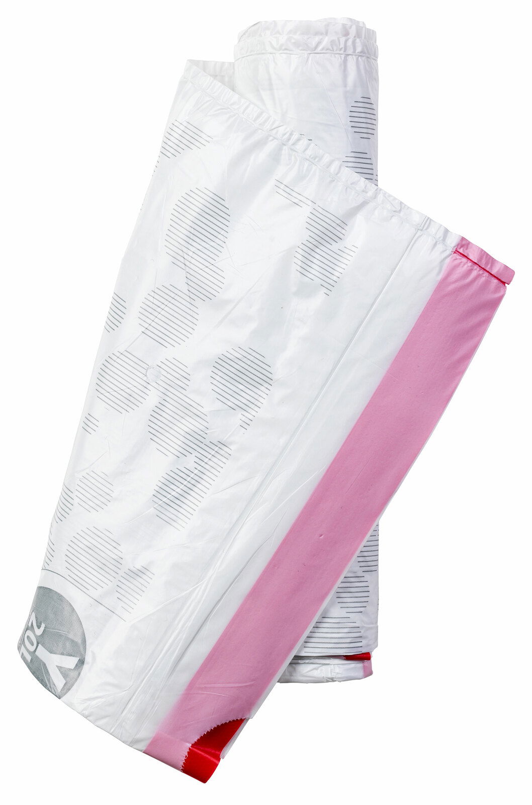 Zwei aufgerollte Brabantia Müllbeutel PERFECTFIT in Nahaufnahme, mit weißem und rosa Design.