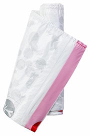 Zwei aufgerollte Brabantia Müllbeutel PERFECTFIT in Nahaufnahme, mit weißem und rosa Design.