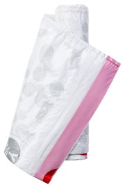 Zwei aufgerollte Brabantia Müllbeutel PERFECTFIT in Nahaufnahme, mit weißem und rosa Design.