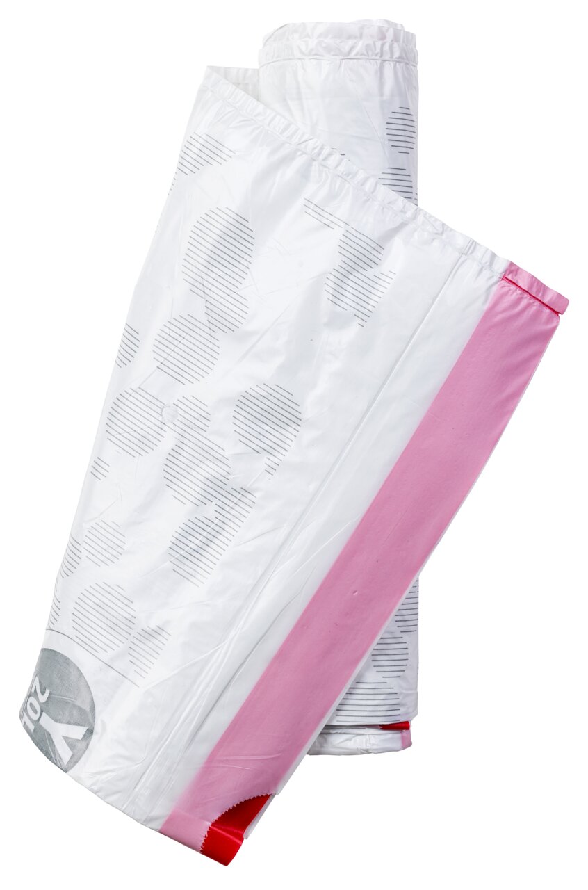 Twee opgerolde Brabantia PERFECTFIT-vuilniszakken in close-up, met een wit en roze ontwerp.