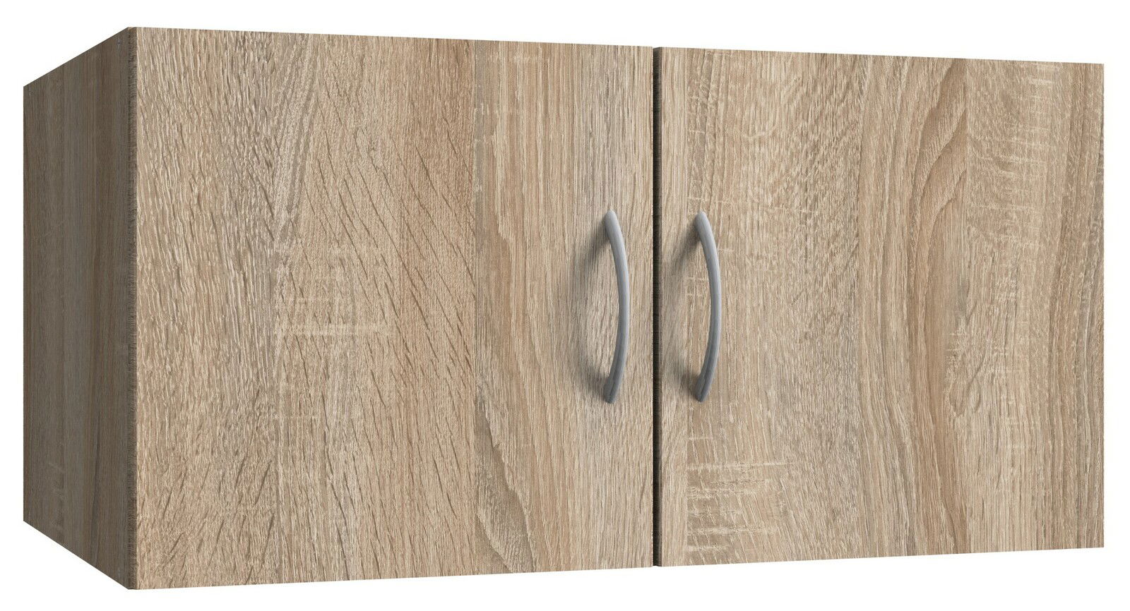 Hängeschrank aus Holz mit zwei Türen und silbernen Griffen, Perspektive von vorne links