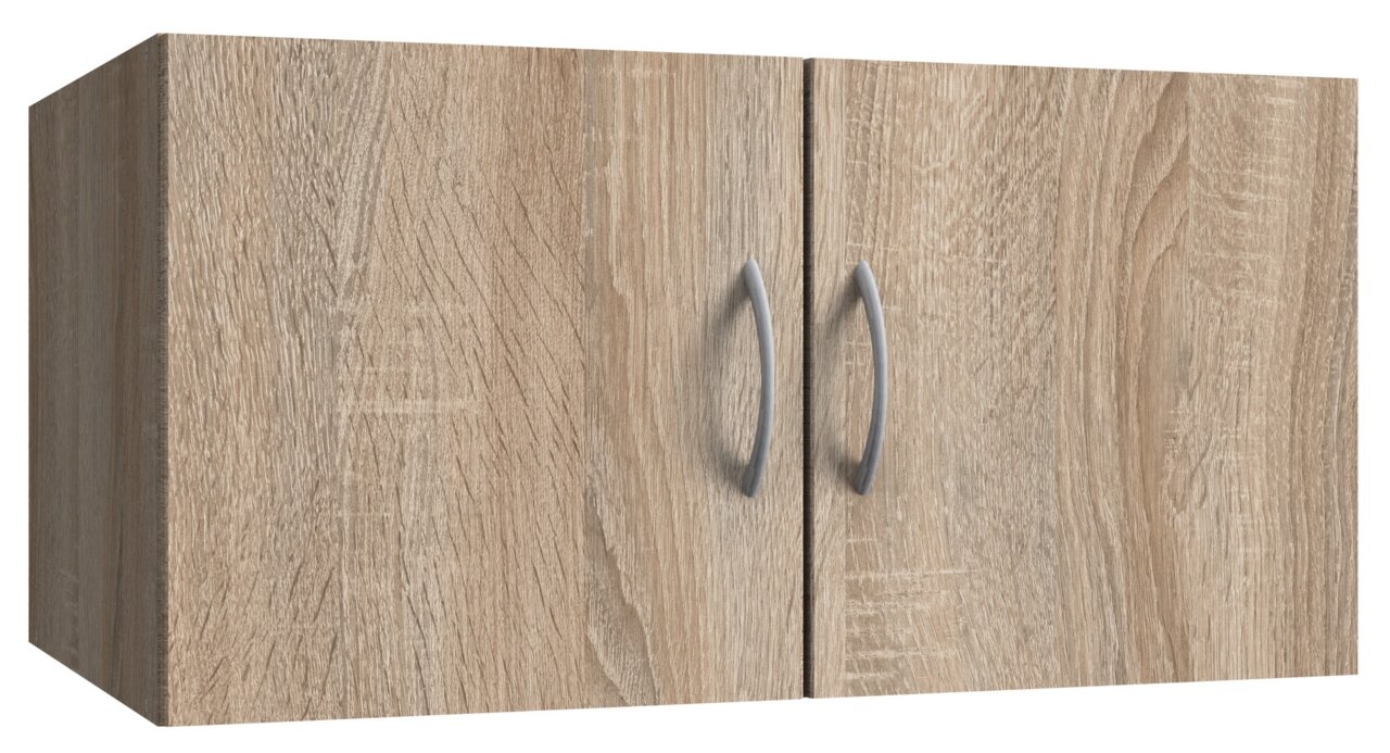 Hängeschrank aus Holz mit zwei Türen und silbernen Griffen, Perspektive von vorne links