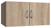 Hängeschrank aus Holz mit zwei Türen und silbernen Griffen, Perspektive von vorne links