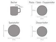 Illustration eines 16-teiligen Kombiservice in Schieferoptik, bestehend aus einem Becher mit 30 cl Fassungsvermögen, einem Pasta-/Salat-/Suppenteller mit 22 cm Durchmesser, einem Speiseteller mit 27 cm Durchmesser und einem Dessertteller mit 21 cm Durchme