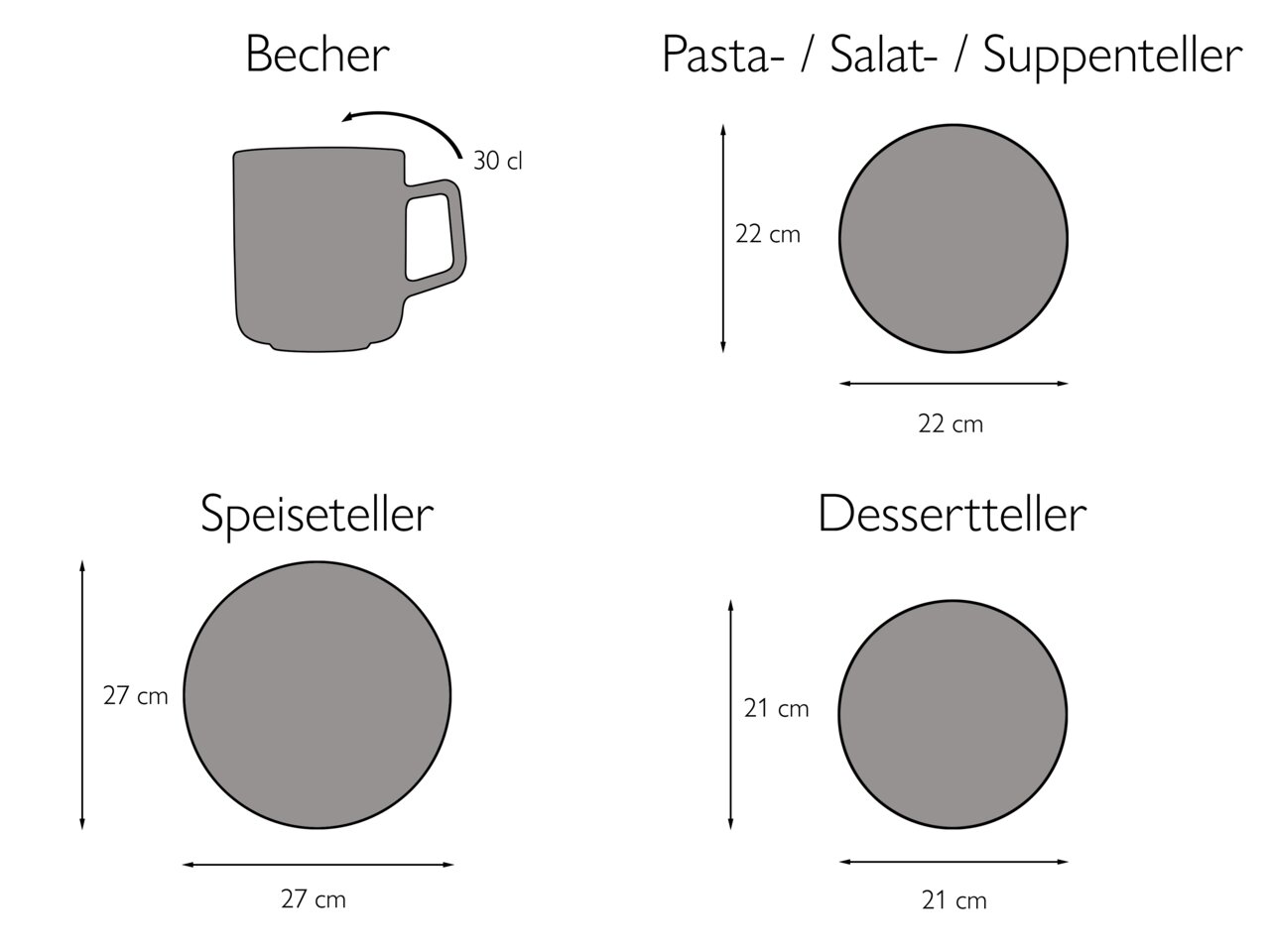 Illustration eines 16-teiligen Kombiservice in Schieferoptik, bestehend aus einem Becher mit 30 cl Fassungsvermögen, einem Pasta-/Salat-/Suppenteller mit 22 cm Durchmesser, einem Speiseteller mit 27 cm Durchmesser und einem Dessertteller mit 21 cm Durchme