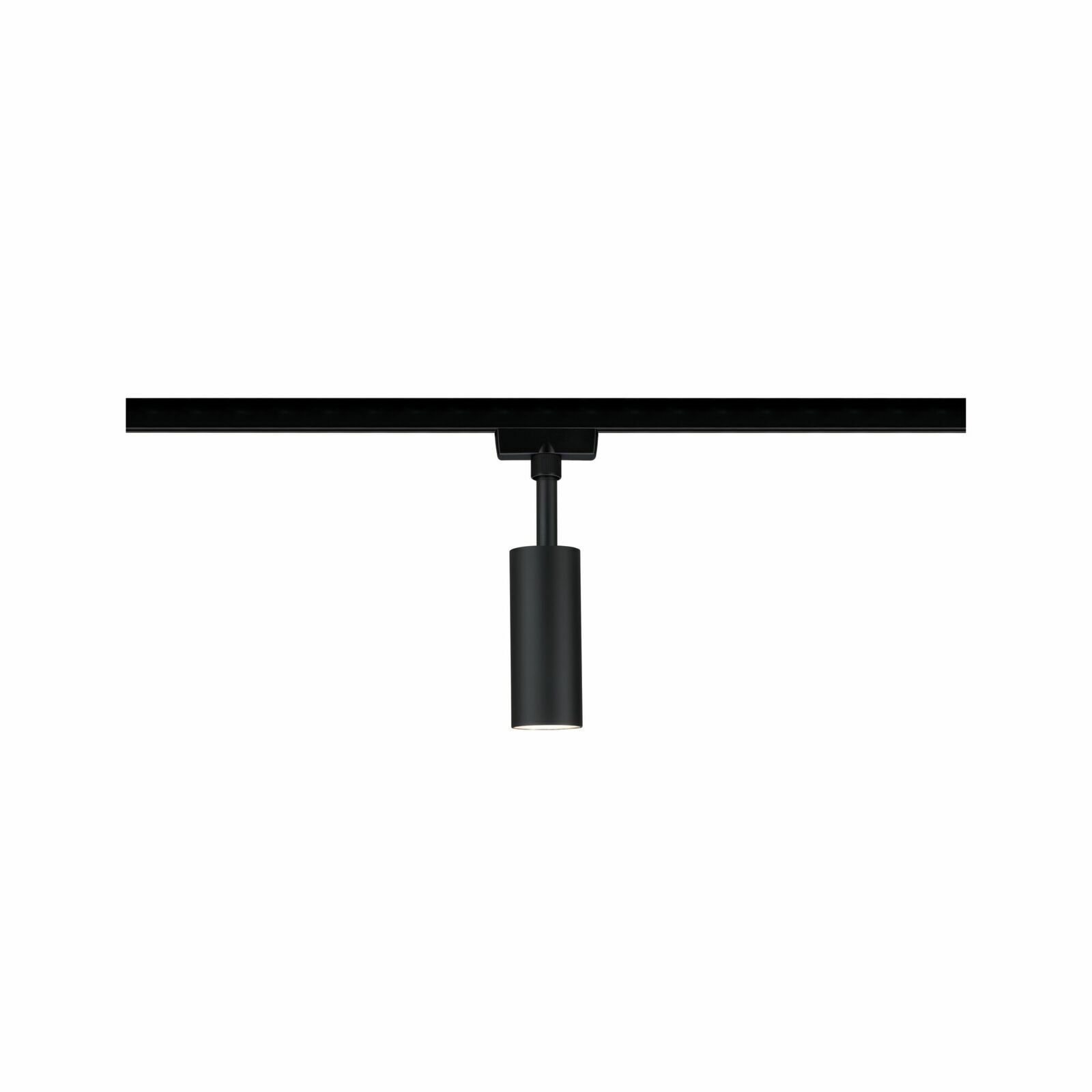 Schwarzer Schienenspot Tubo, zylindrische Form, frontale Ansicht