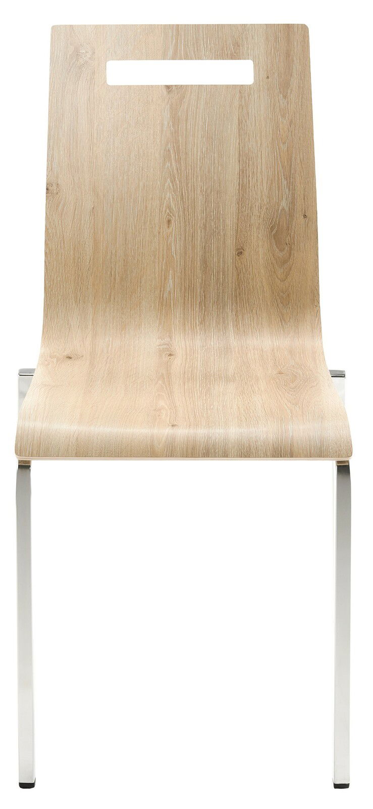 Frontansicht eines modernen Stapelstuhls mit Holzoptik und Metallbeinen.