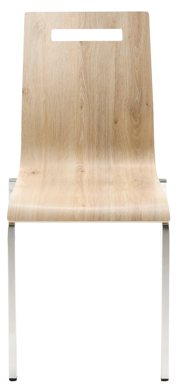 Frontansicht eines modernen Stapelstuhls mit Holzoptik und Metallbeinen.