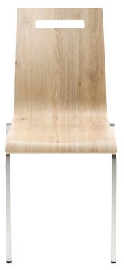 Frontansicht eines modernen Stapelstuhls mit Holzoptik und Metallbeinen.