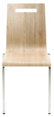 Frontansicht eines modernen Stapelstuhls mit Holzoptik und Metallbeinen.