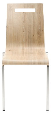 Frontansicht eines modernen Stapelstuhls mit Holzoptik und Metallbeinen.