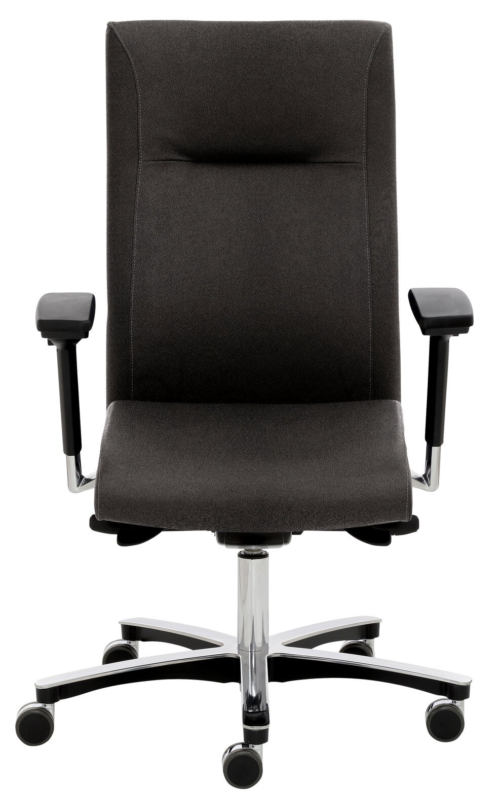 Schwarzer Chefsessel mit Armlehnen und Rollen, Vorderansicht