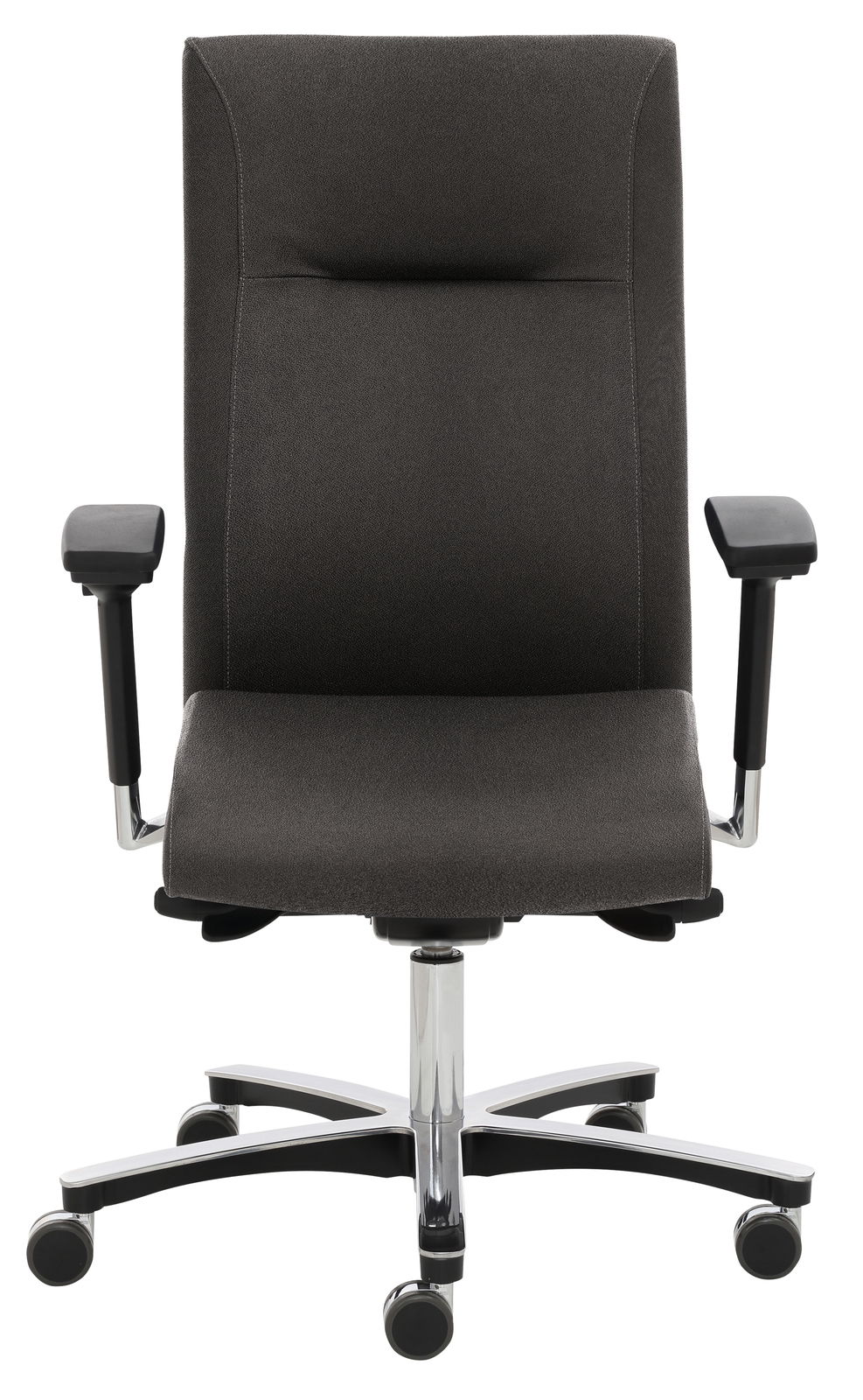 Schwarzer Chefsessel mit Armlehnen und Rollen, Vorderansicht