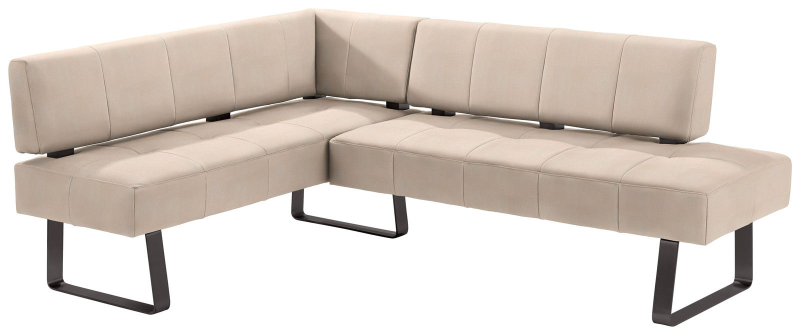 Beige Eckbank mit modernem Design und schwarzen Metallbeinen, seitliche Perspektive