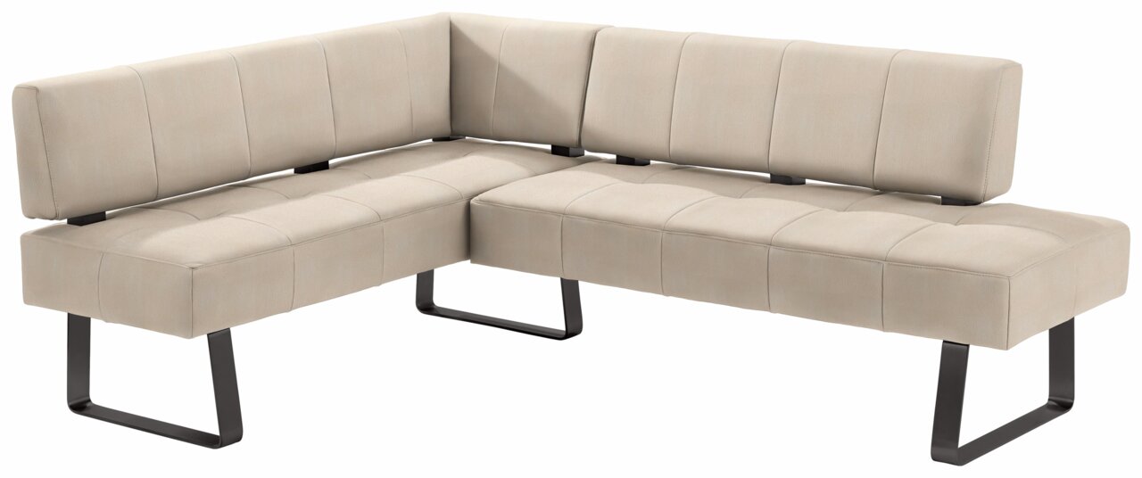 Beige Eckbank mit modernem Design und schwarzen Metallbeinen, seitliche Perspektive