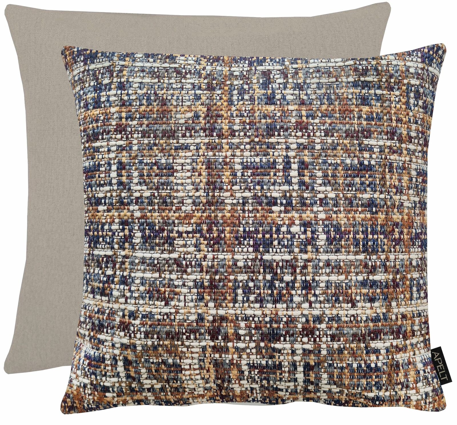 Wendekissenhülle 46x46cm mit einer Seite in beige und einer Seite mit buntem, gewebtem Muster in Blau-, Braun- und Beigetönen, Vorderansicht