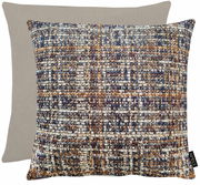 Wendekissenhülle 46x46cm mit einer Seite in beige und einer Seite mit buntem, gewebtem Muster in Blau-, Braun- und Beigetönen, Vorderansicht