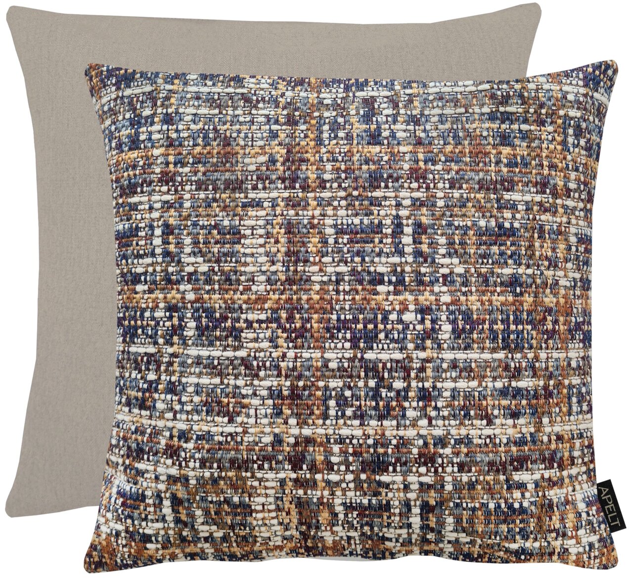 Wendekissenhülle 46x46cm mit einer Seite in beige und einer Seite mit buntem, gewebtem Muster in Blau-, Braun- und Beigetönen, Vorderansicht