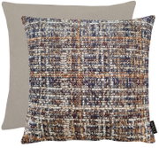 Wendekissenhülle 46x46cm mit einer Seite in beige und einer Seite mit buntem, gewebtem Muster in Blau-, Braun- und Beigetönen, Vorderansicht