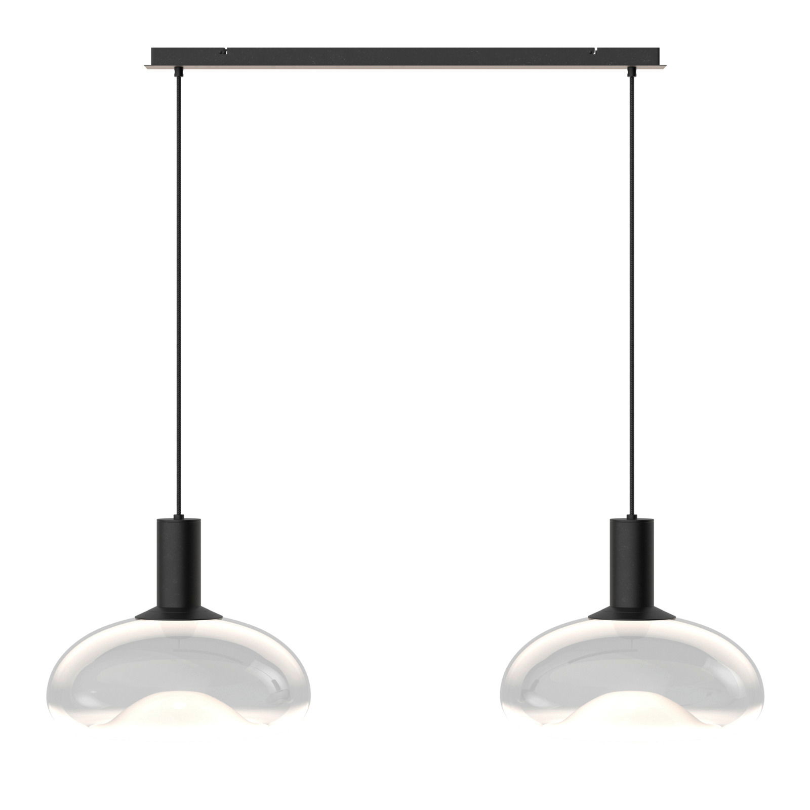 Moderne Hängeleuchte mit zwei klaren, runden Glasschirmen, von vorne betrachtet.