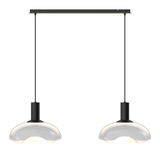 Moderne Hängeleuchte mit zwei klaren, runden Glasschirmen, von vorne betrachtet.