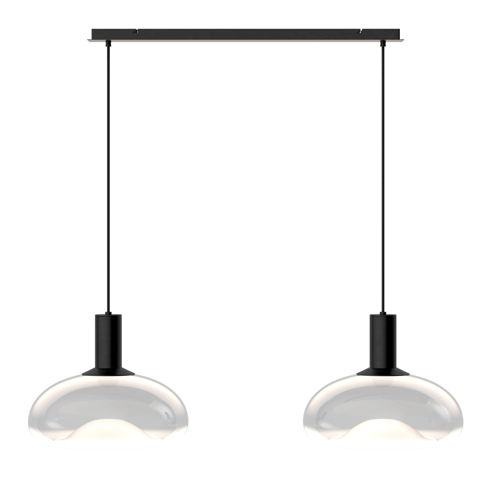 Moderne hanglamp met twee heldere, ronde glazen kappen, gezien vanaf de voorkant.