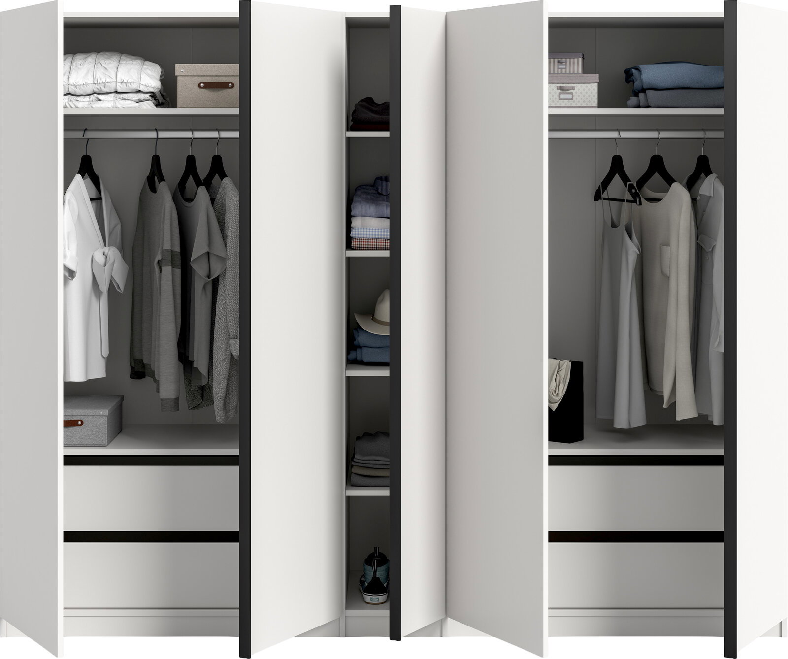 Moderner weiß-grauer Kleiderschrank mit geöffneten Drehtüren, Innenansicht mit Kleiderstangen, Regalfächern und Schubladen, frontal aus leicht schräger Perspektive
