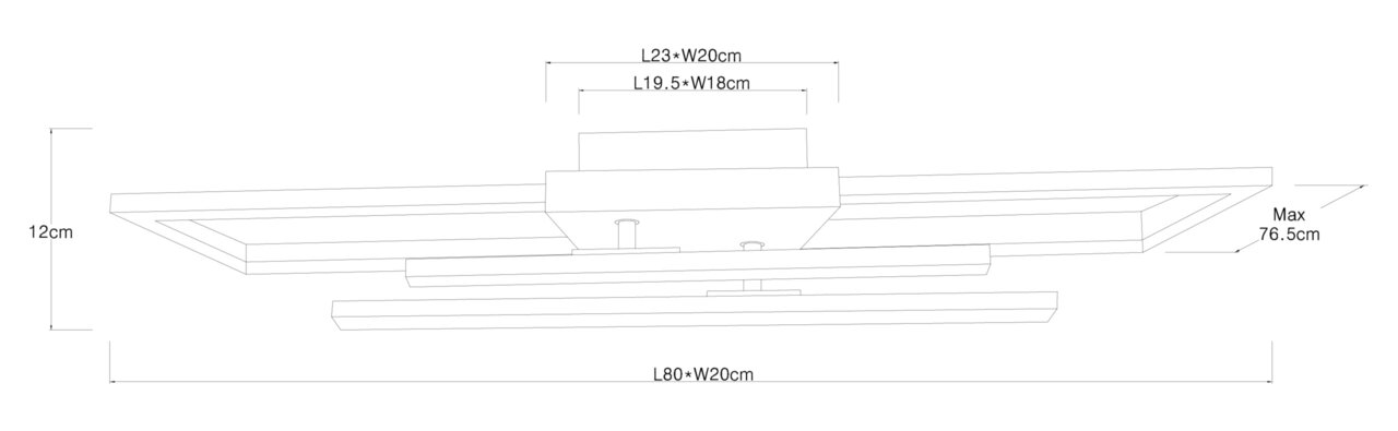 Seitenansicht einer modernen Deckenleuchte mit rechteckigen Elementen und den Maßen L80×W20cm, L23×W20cm, L19.5×W18cm, Höhe 12cm, maximale Ausdehnung 76.5cm.