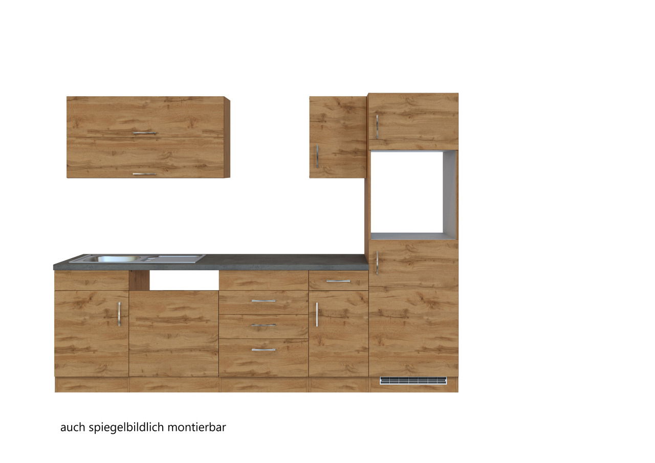 Küchenzeile in Holzoptik mit mehreren Schränken und Arbeitsfläche, frontale Ansicht