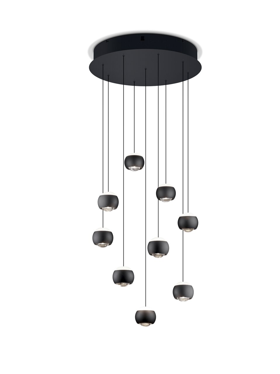 Moderne hanglamp CANNON met meerdere zwarte lampenkappen, hangend aan het plafond, zijaanzicht.